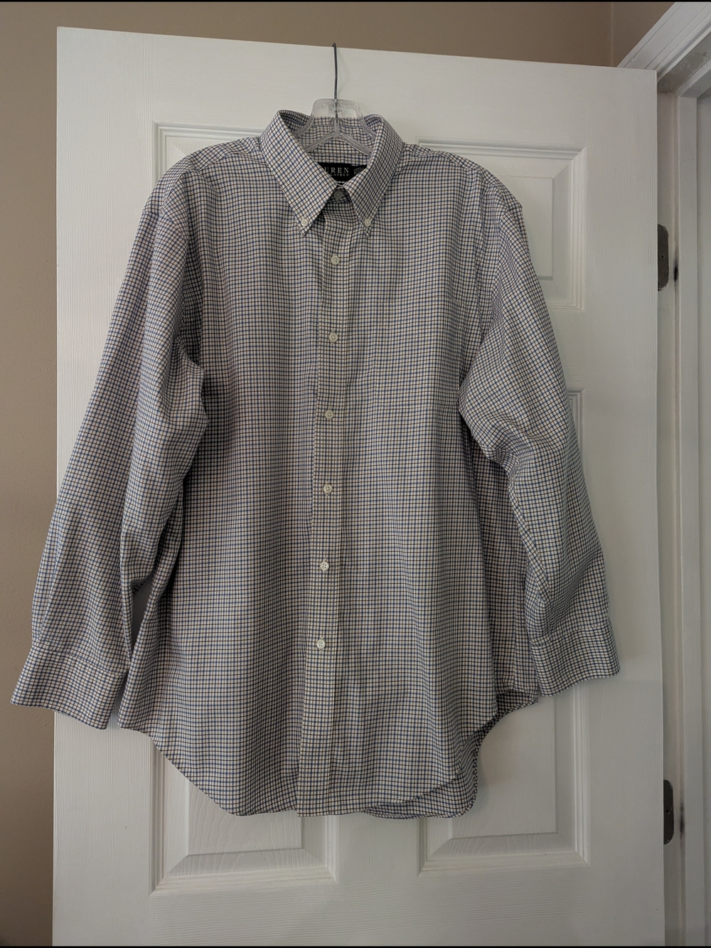 Ralph Lauren Blue and Brown Micro-Check Button-Down Dress Shirt 16.5 32/33
